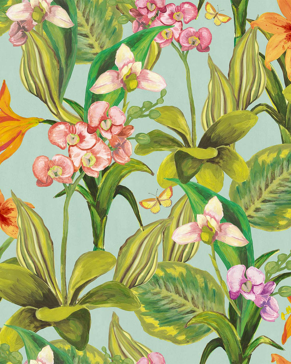 Light Blue Hand Painted Orchids Floral Wallpaper R8139