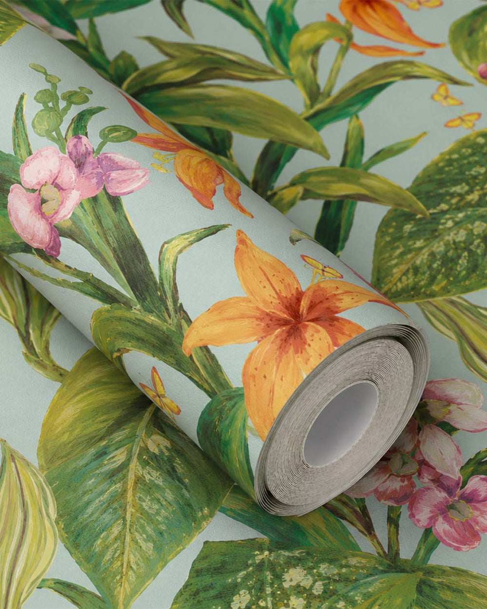 Light Blue Hand Painted Orchids Floral Wallpaper R8139
