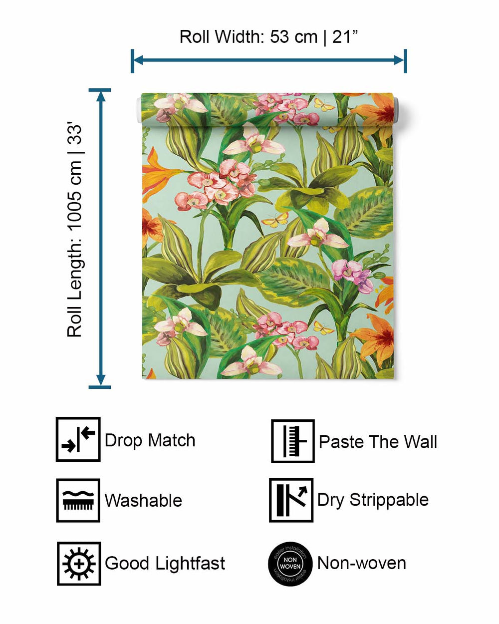 Light Blue Hand Painted Orchids Floral Wallpaper R8139