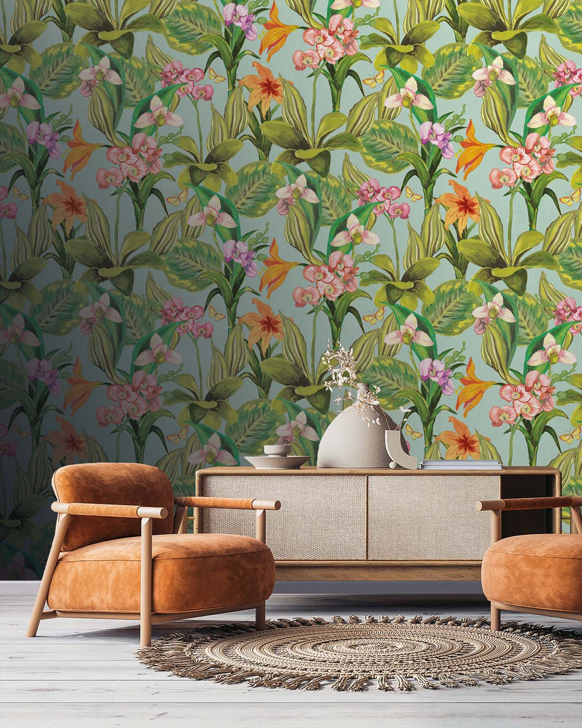 Light Blue Hand Painted Orchids Floral Wallpaper R8139