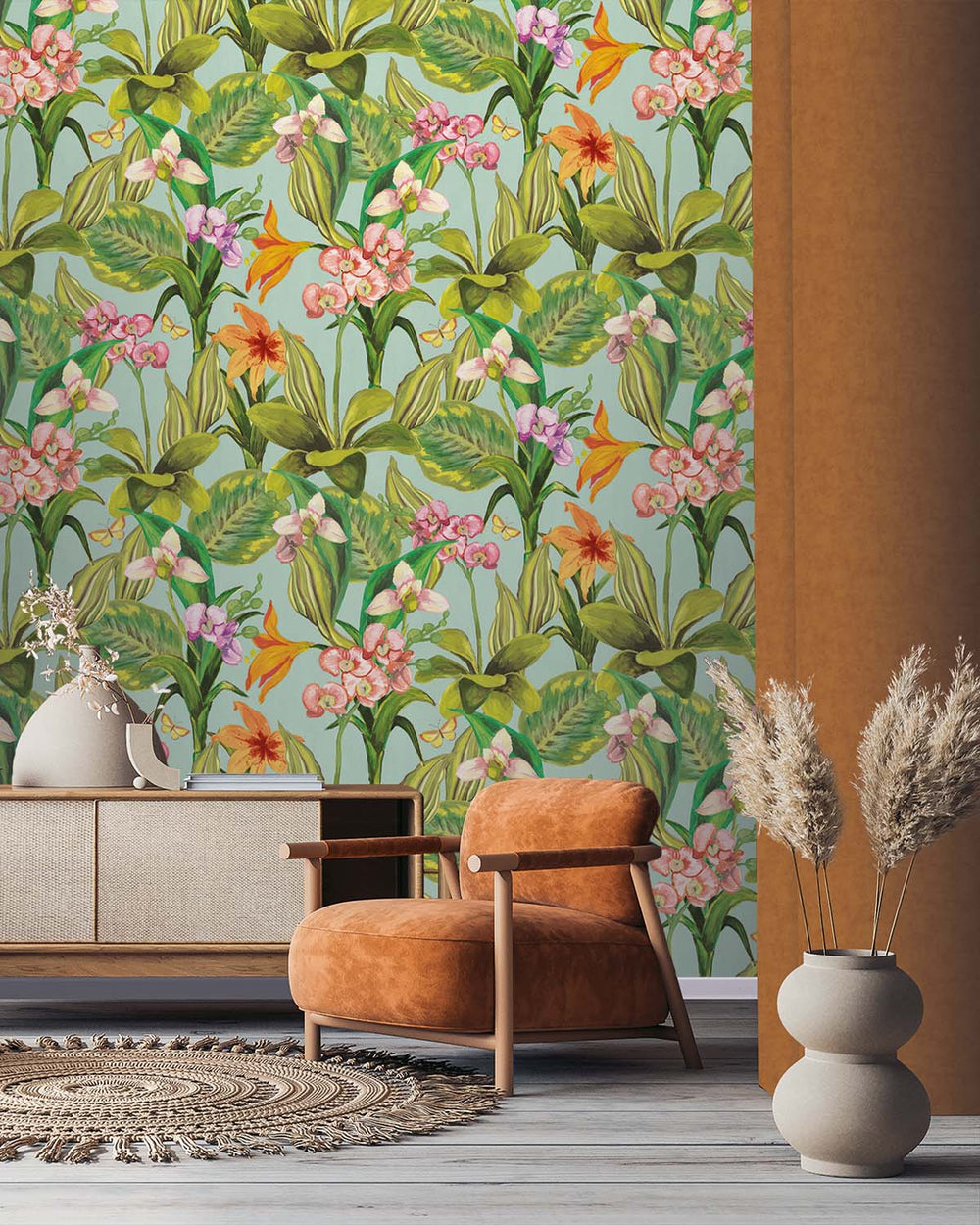 Light Blue Hand Painted Orchids Floral Wallpaper R8139