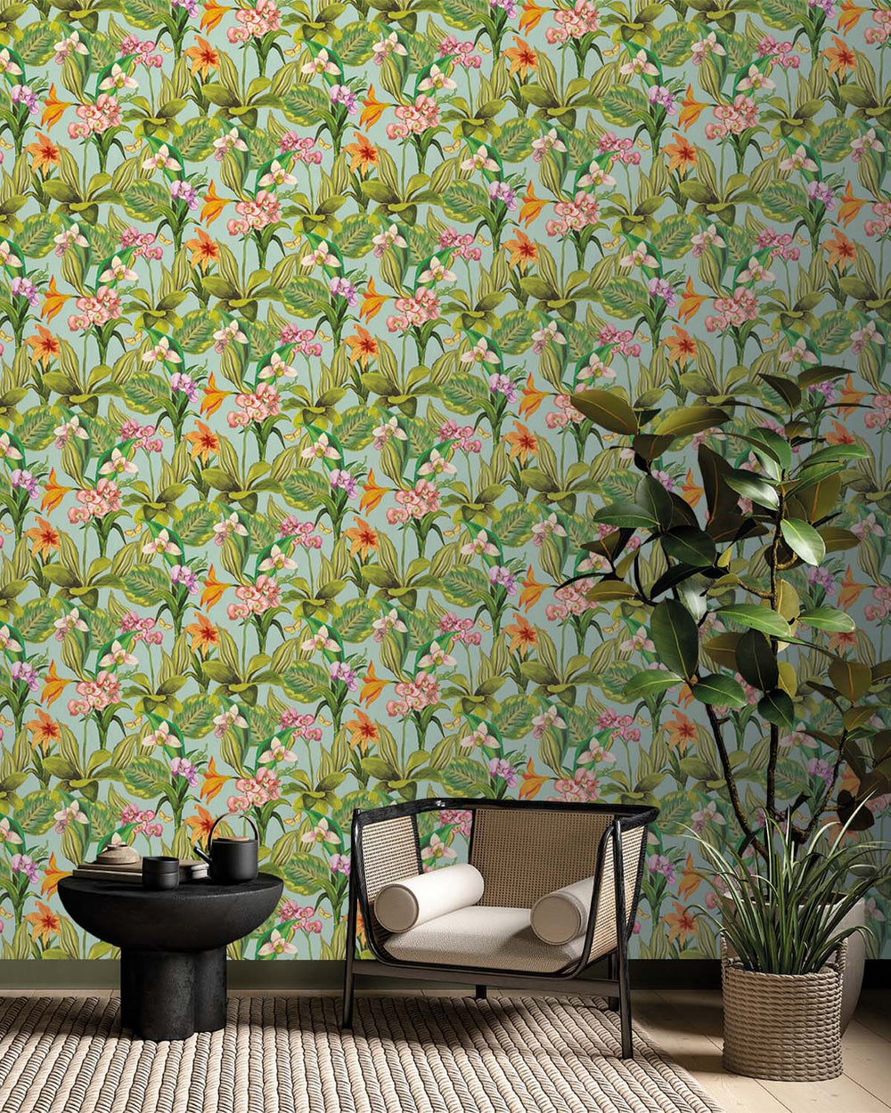 Light Blue Hand Painted Orchids Floral Wallpaper R8139