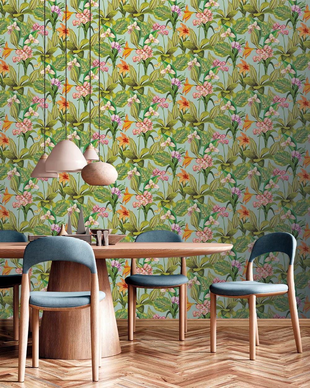 Light Blue Hand Painted Orchids Floral Wallpaper R8139