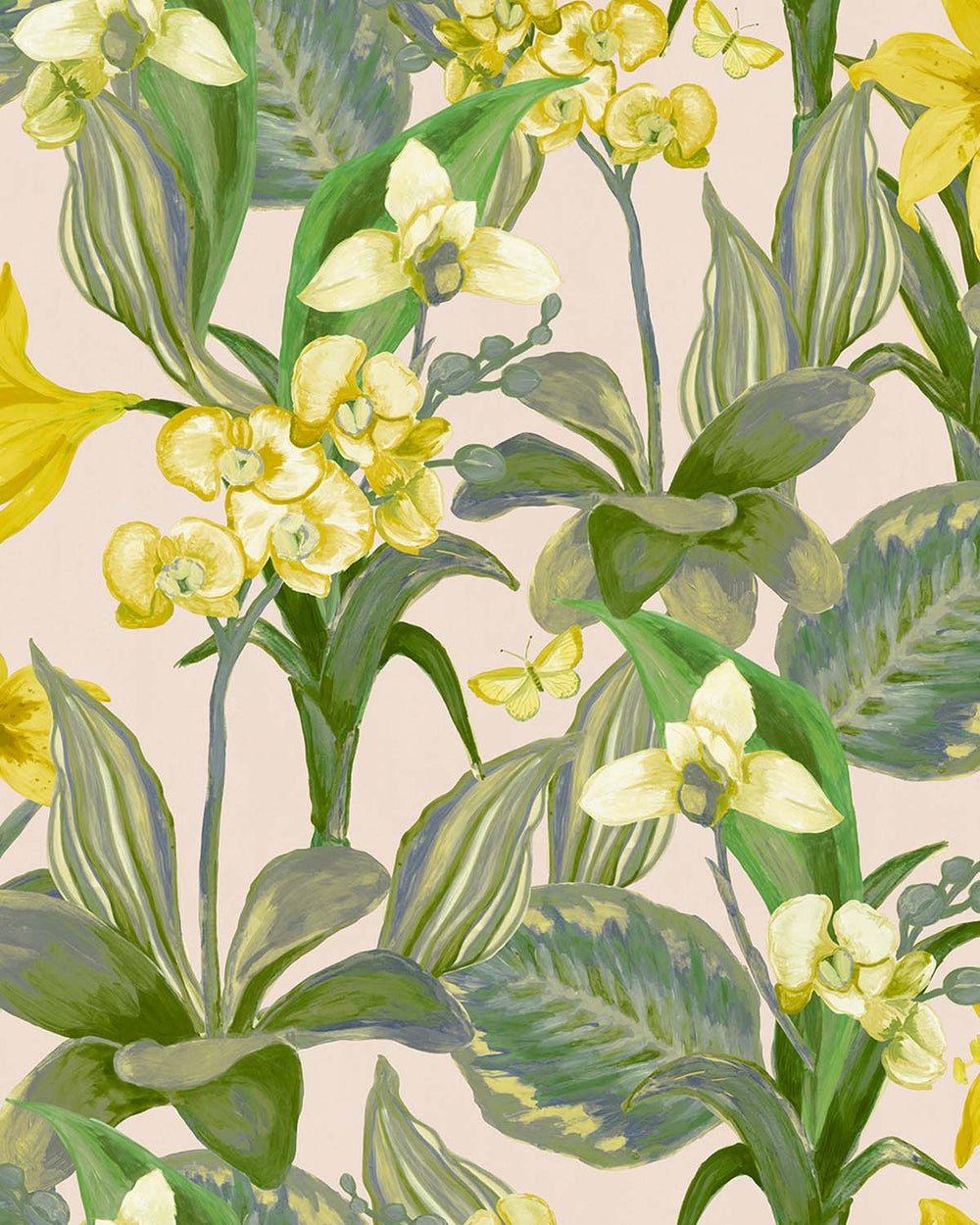Creme & Green Hand Painted Orchids Floral Wallpaper R8141