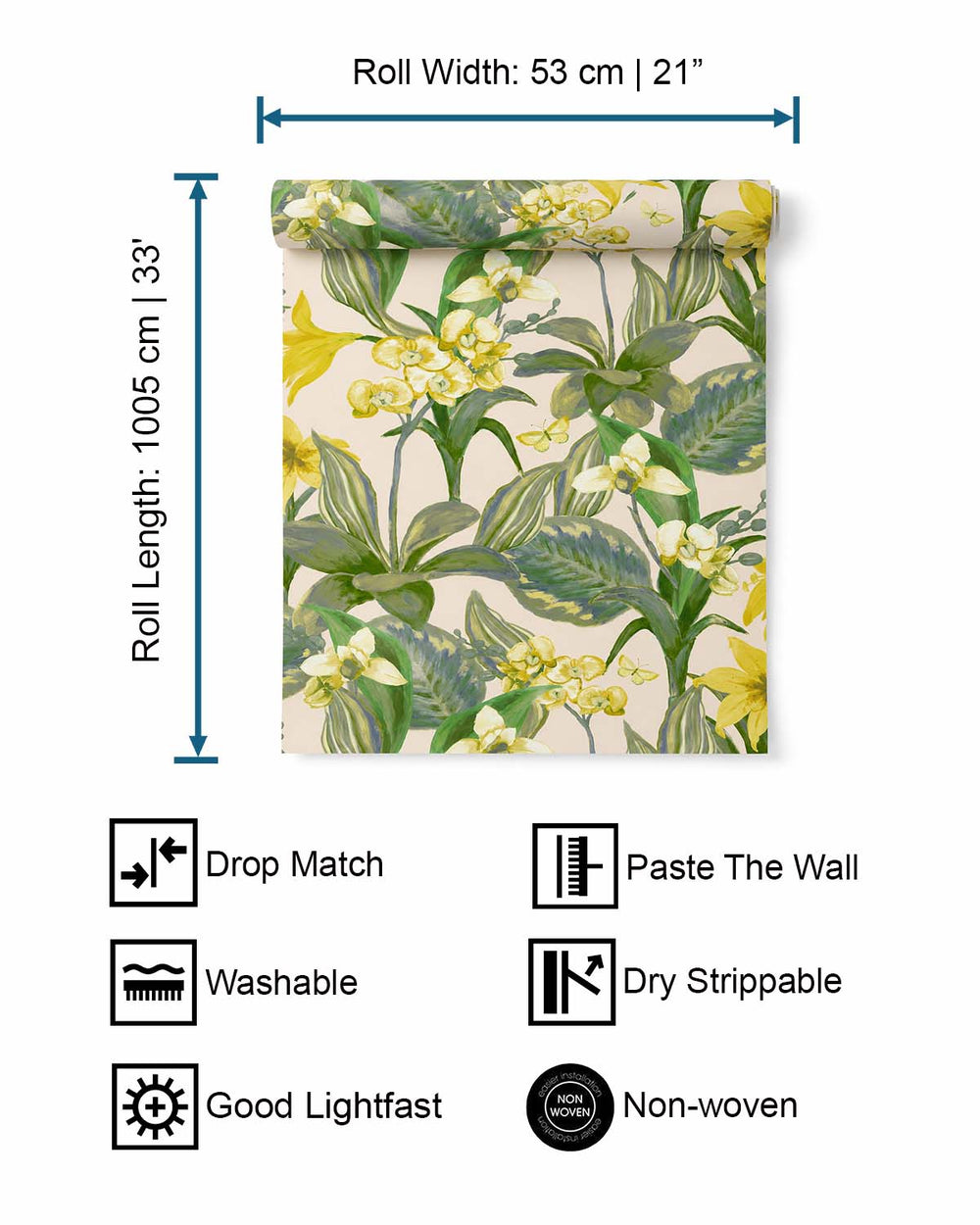 Creme & Green Hand Painted Orchids Floral Wallpaper R8141