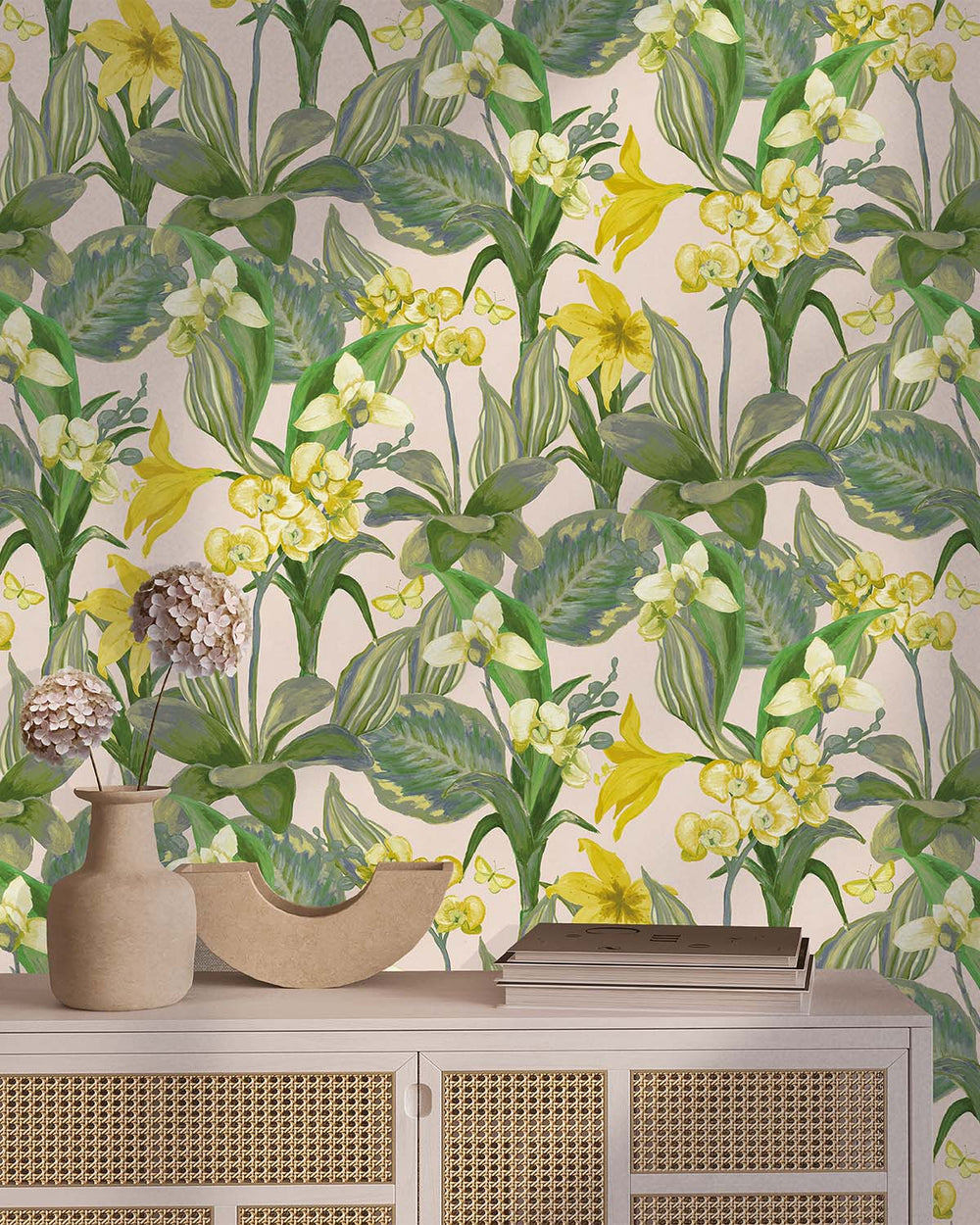 Creme & Green Hand Painted Orchids Floral Wallpaper R8141