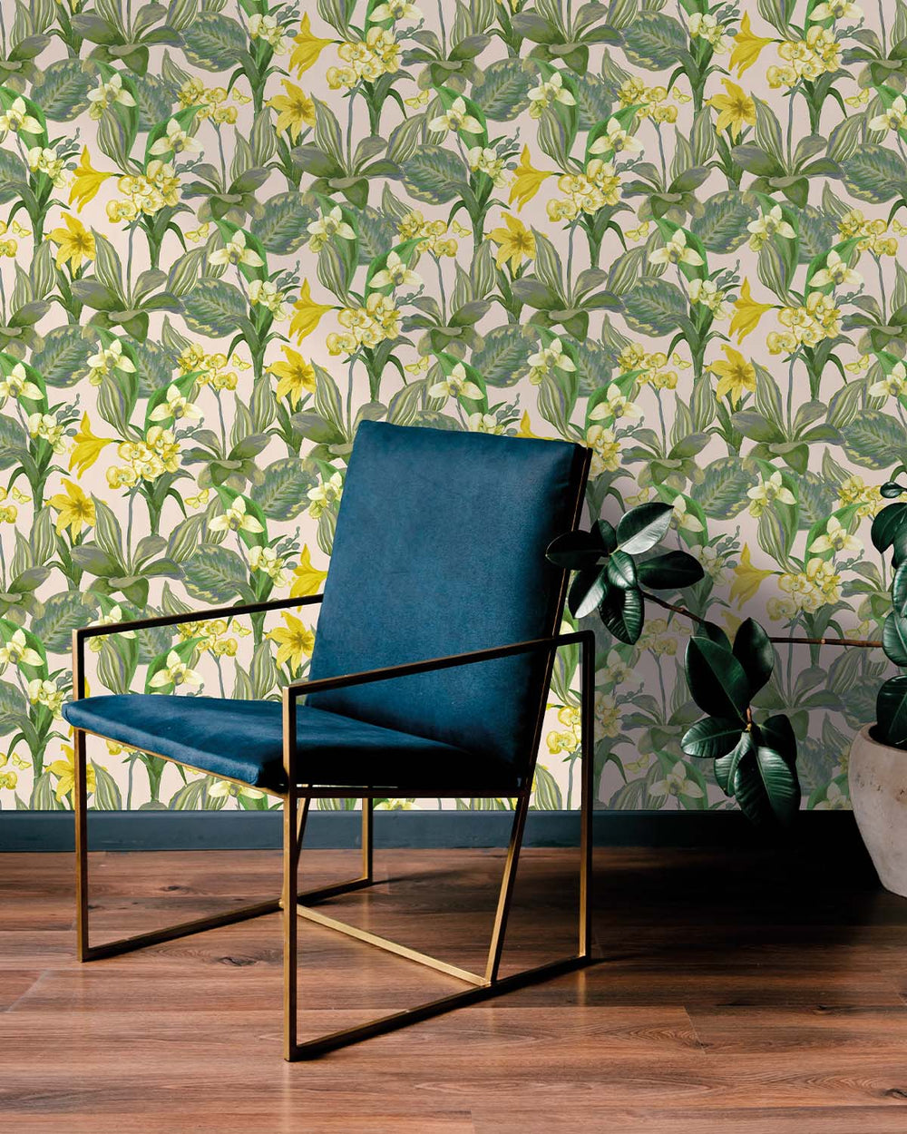 Creme & Green Hand Painted Orchids Floral Wallpaper R8141