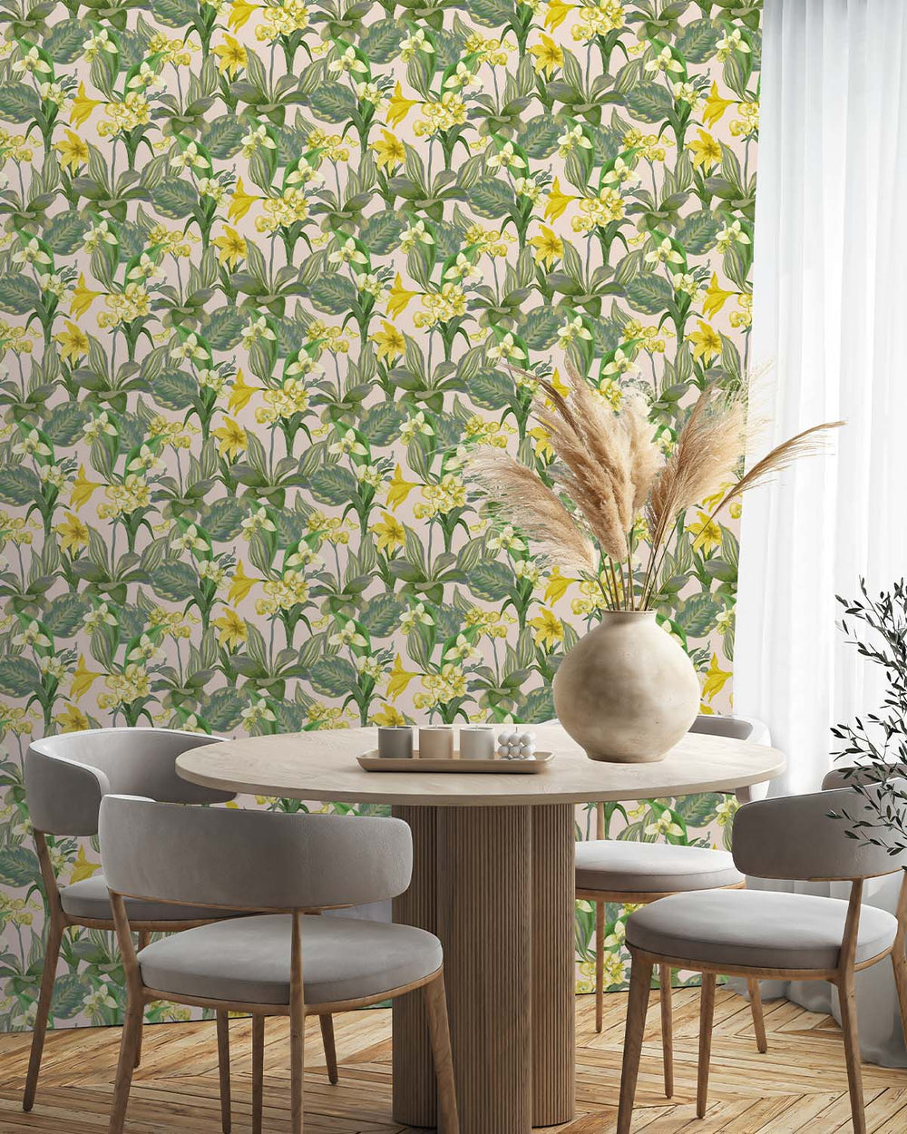 Creme & Green Hand Painted Orchids Floral Wallpaper R8141