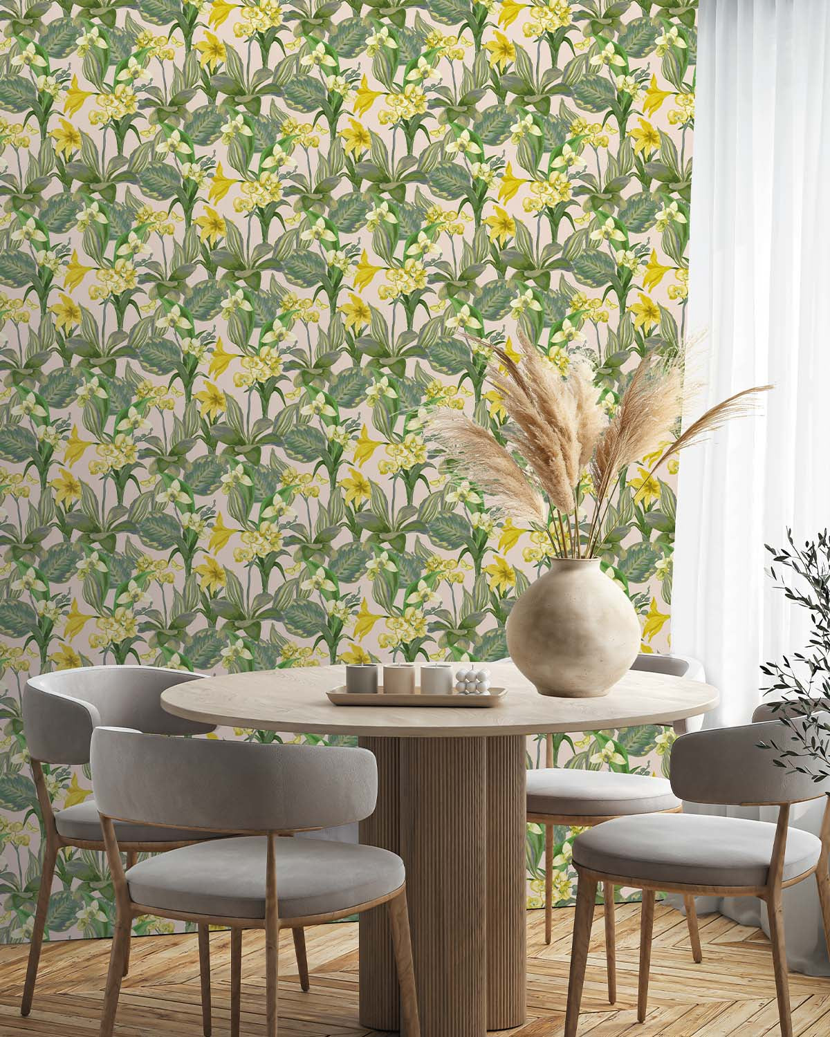 Creme & Green Hand Painted Orchids Floral Wallpaper R8141