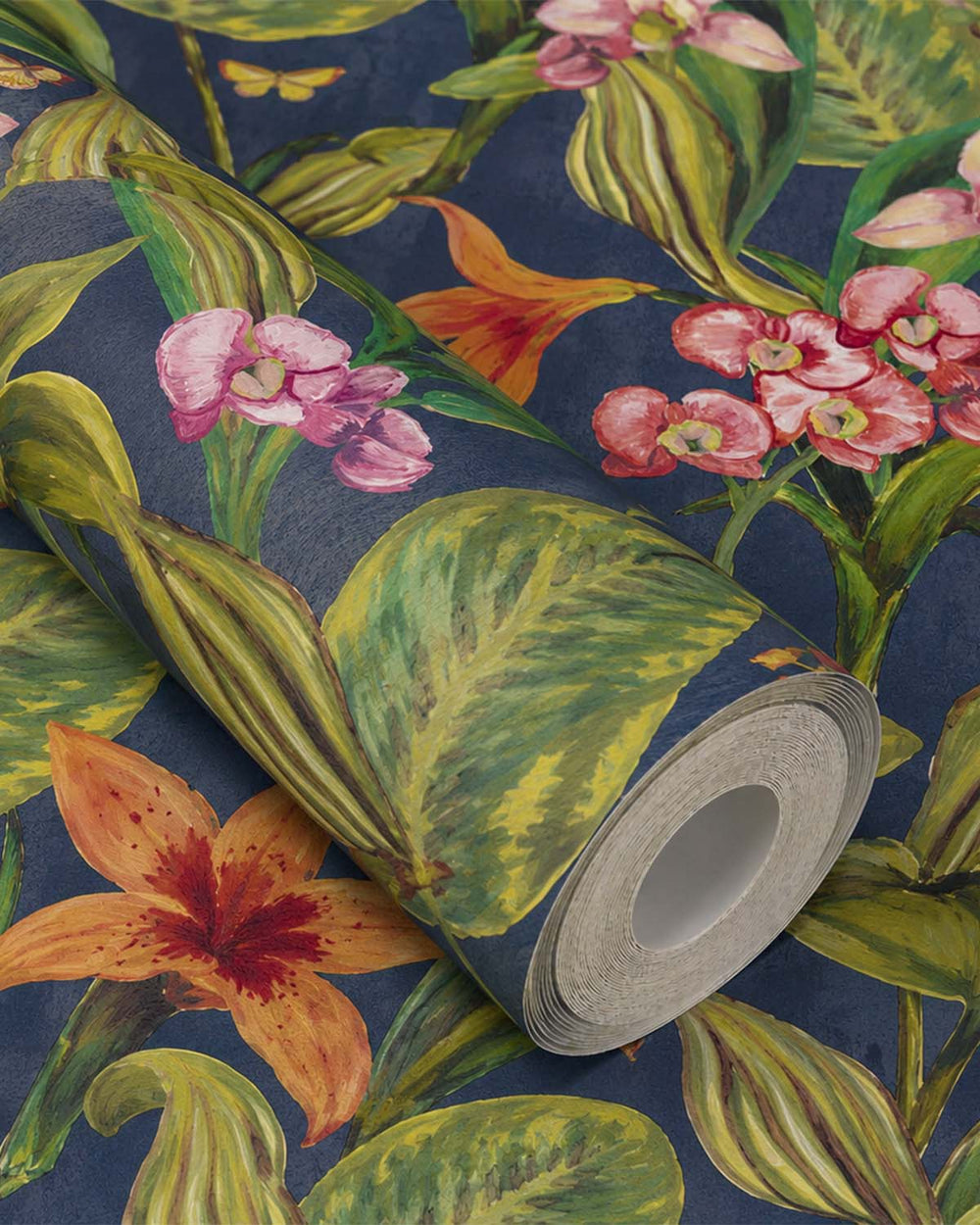 Dark Green Hand Painted Orchids Floral Wallpaper R8142