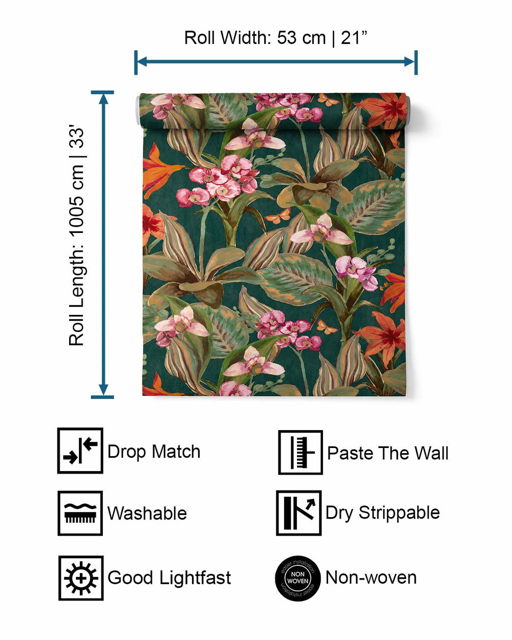 Dark Green Hand Painted Orchids Floral Wallpaper R8142