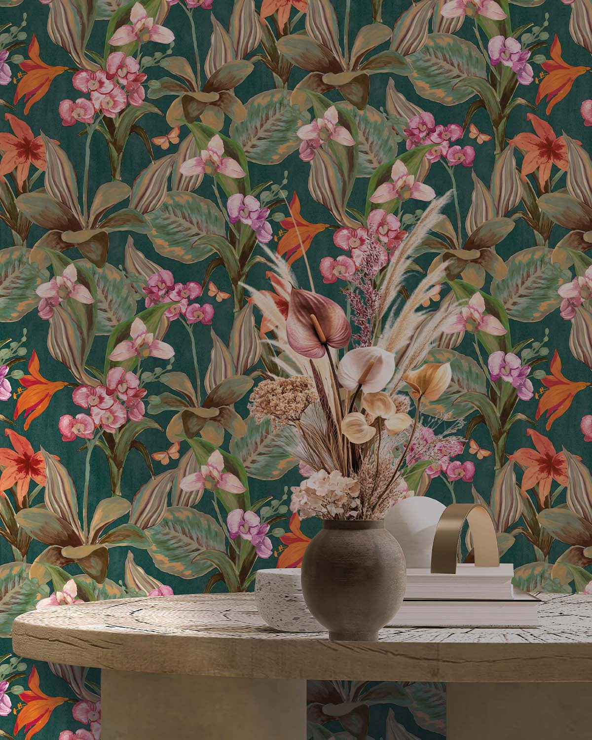 Dark Green Hand Painted Orchids Floral Wallpaper R8142