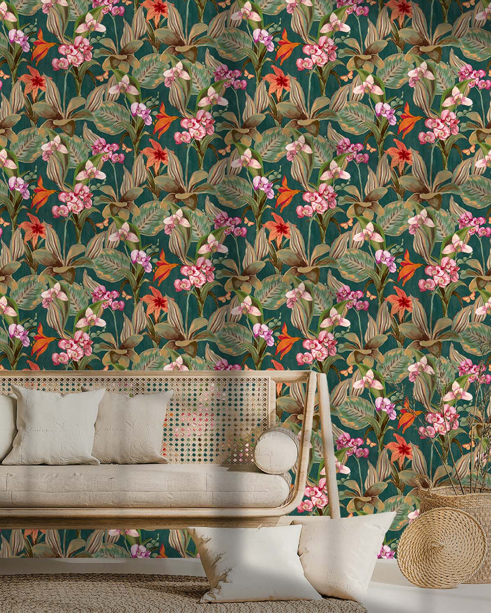 Dark Green Hand Painted Orchids Floral Wallpaper R8142