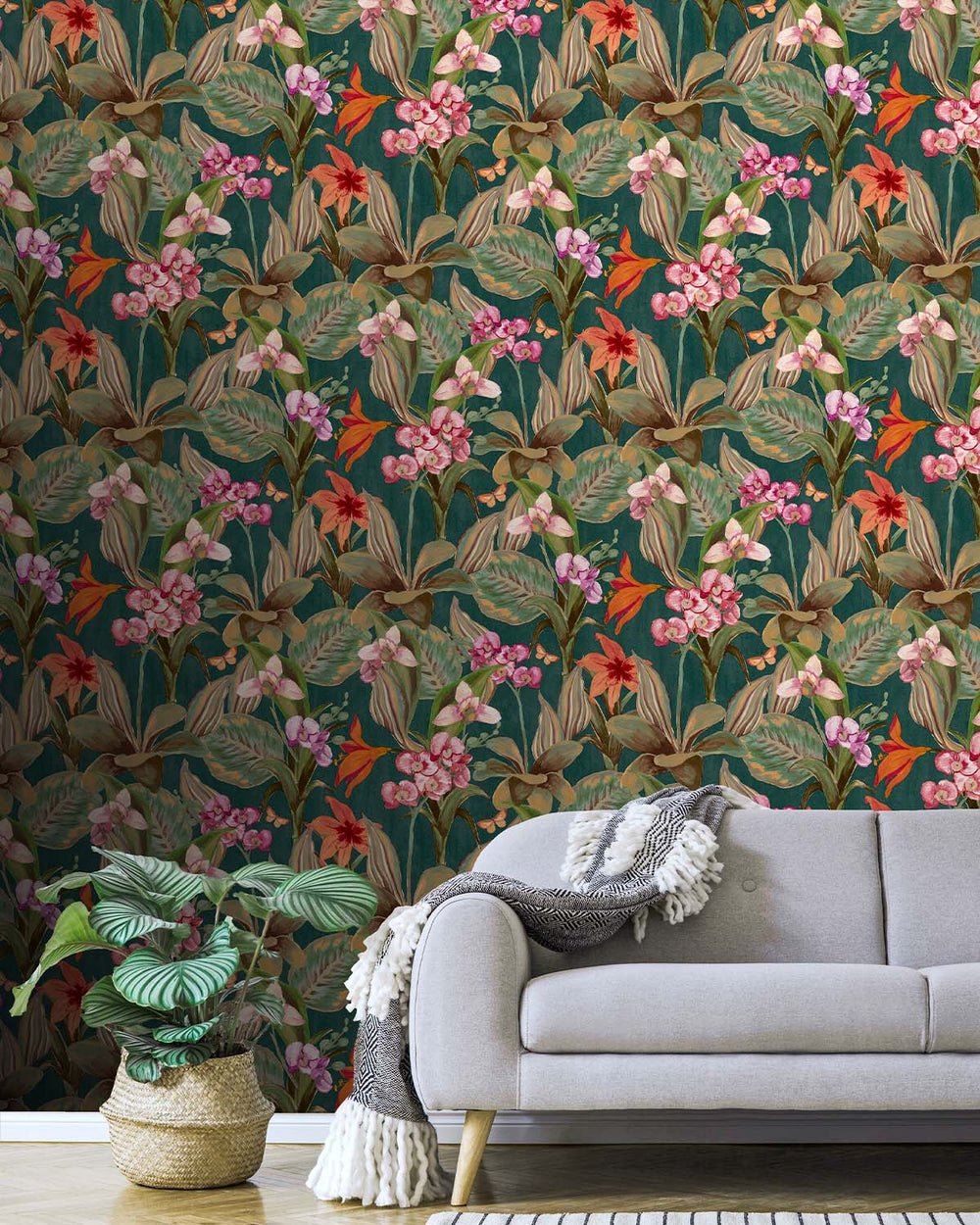 Dark Green Hand Painted Orchids Floral Wallpaper R8142