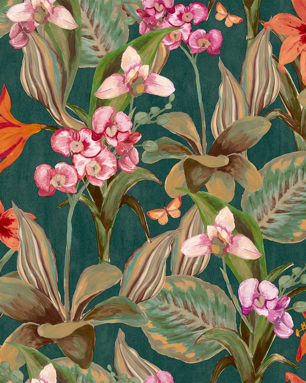 Dark Green Hand Painted Orchids Floral Wallpaper R8142