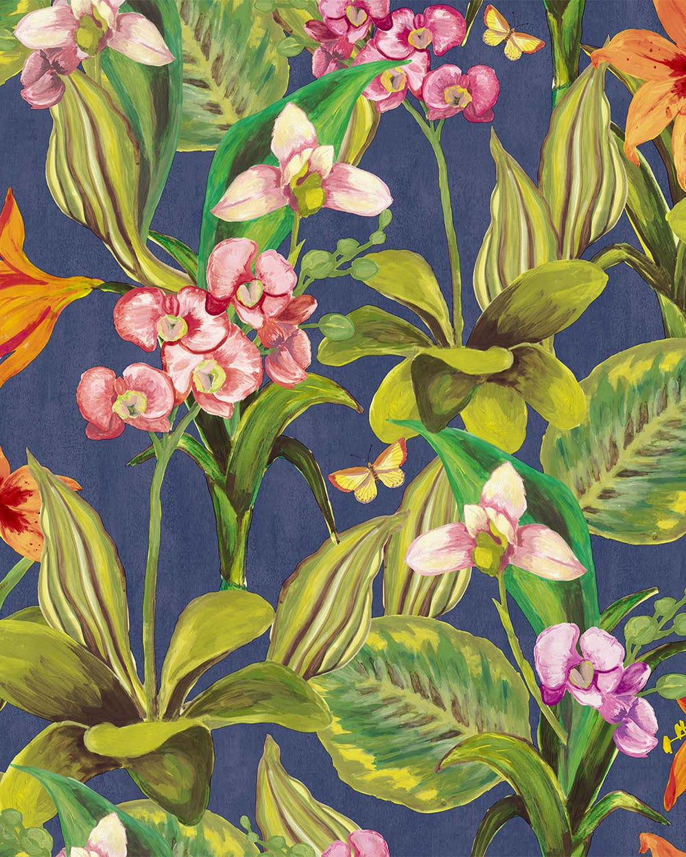 Blue & Pink Hand Painted Orchids Floral Wallpaper R8140