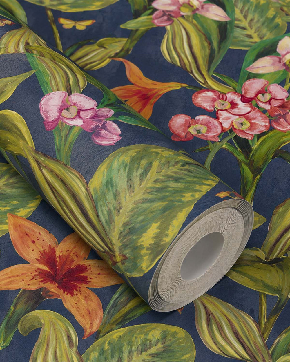 Blue & Pink Hand Painted Orchids Floral Wallpaper R8140