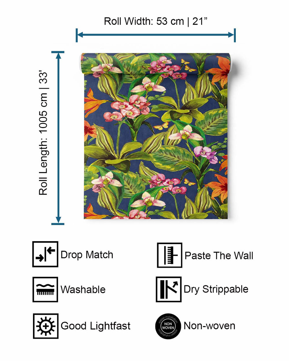 Blue & Pink Hand Painted Orchids Floral Wallpaper R8140