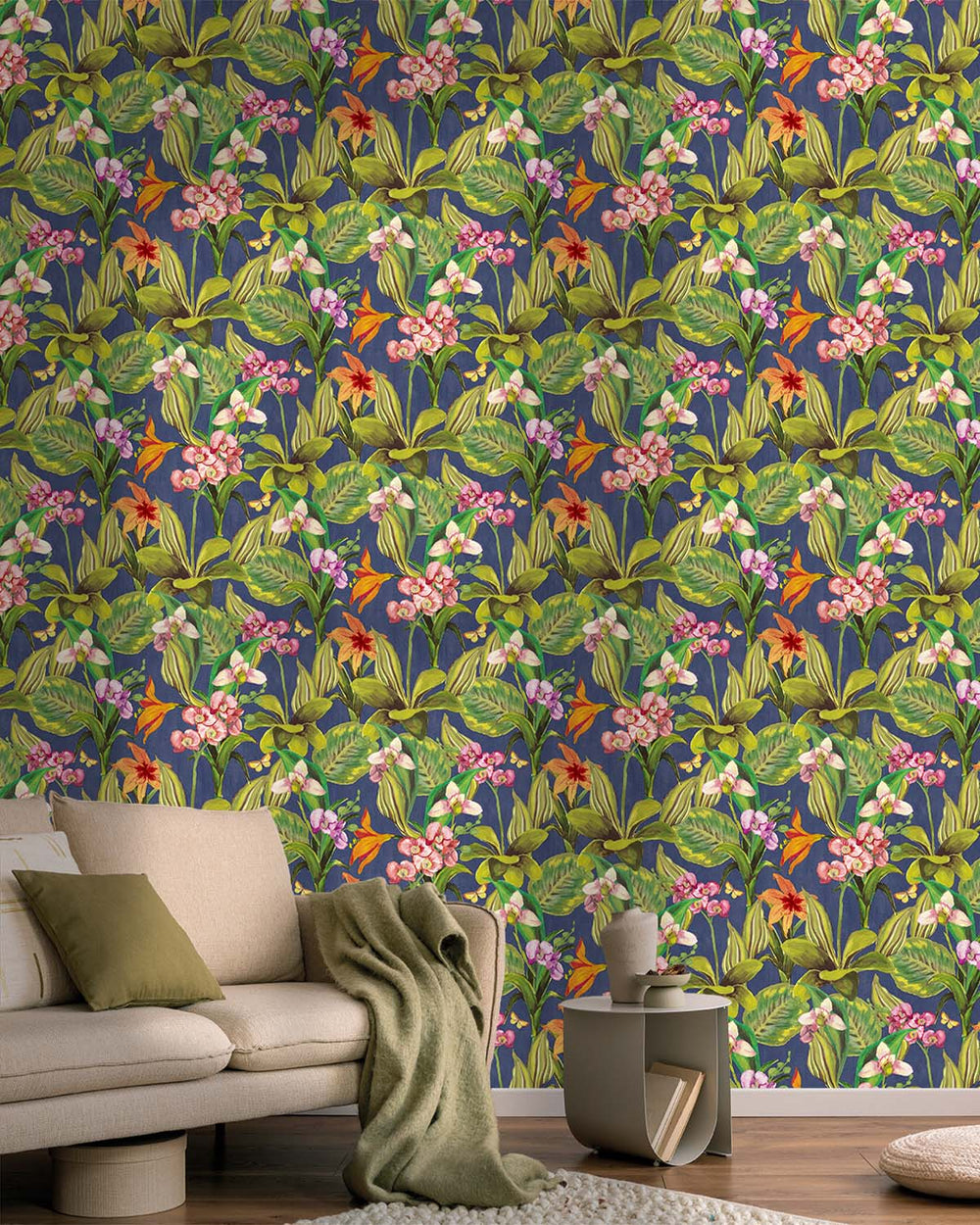 Blue & Pink Hand Painted Orchids Floral Wallpaper R8140