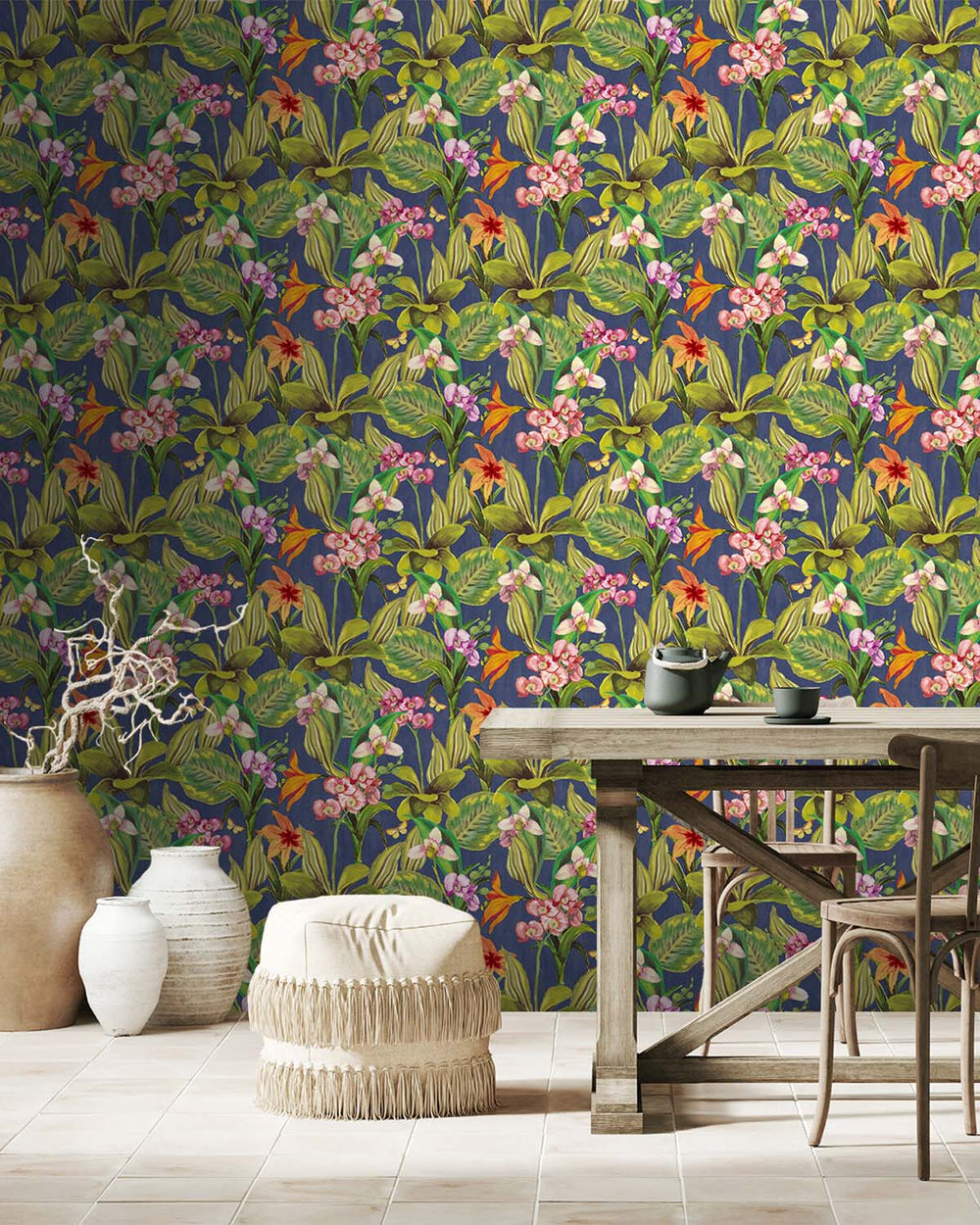 Blue & Pink Hand Painted Orchids Floral Wallpaper R8140