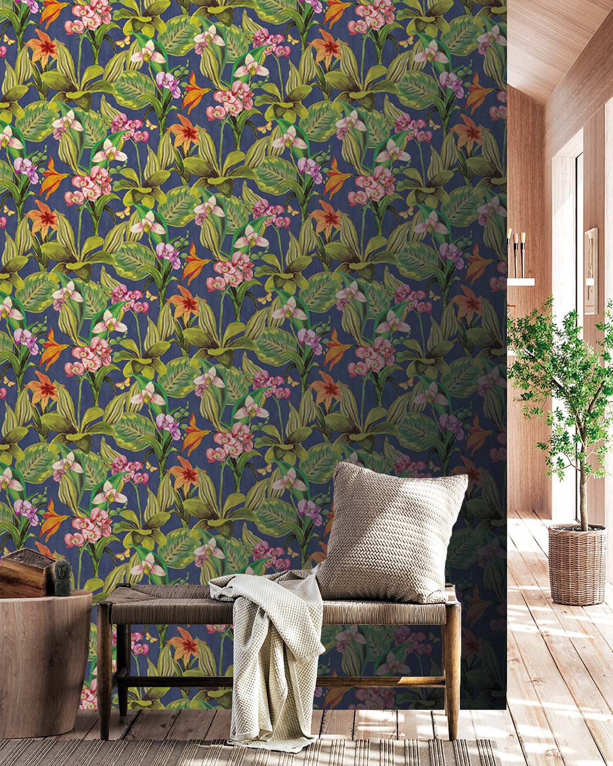 Blue & Pink Hand Painted Orchids Floral Wallpaper R8140