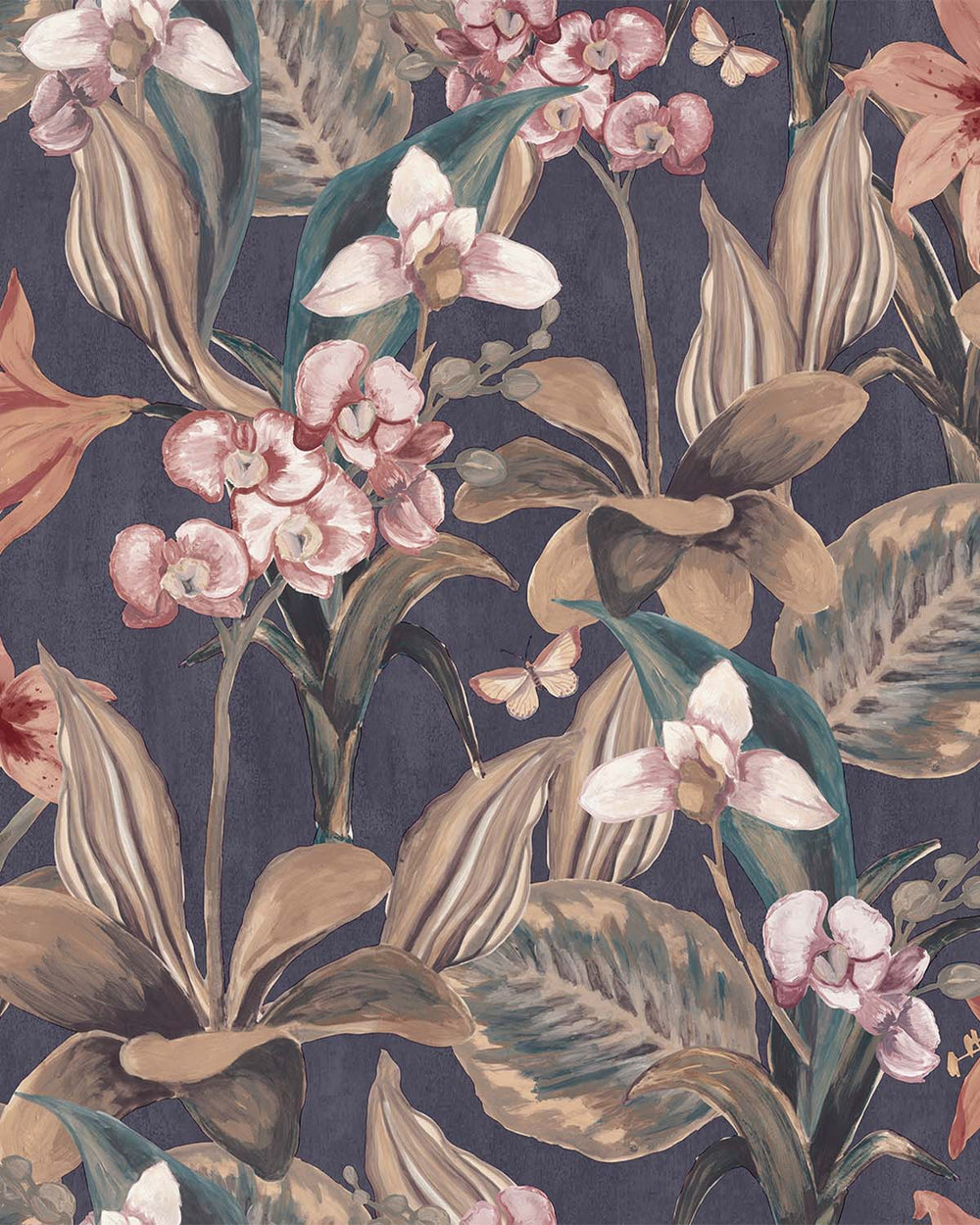 Dark Blue Hand Painted Orchids Floral Wallpaper R8143