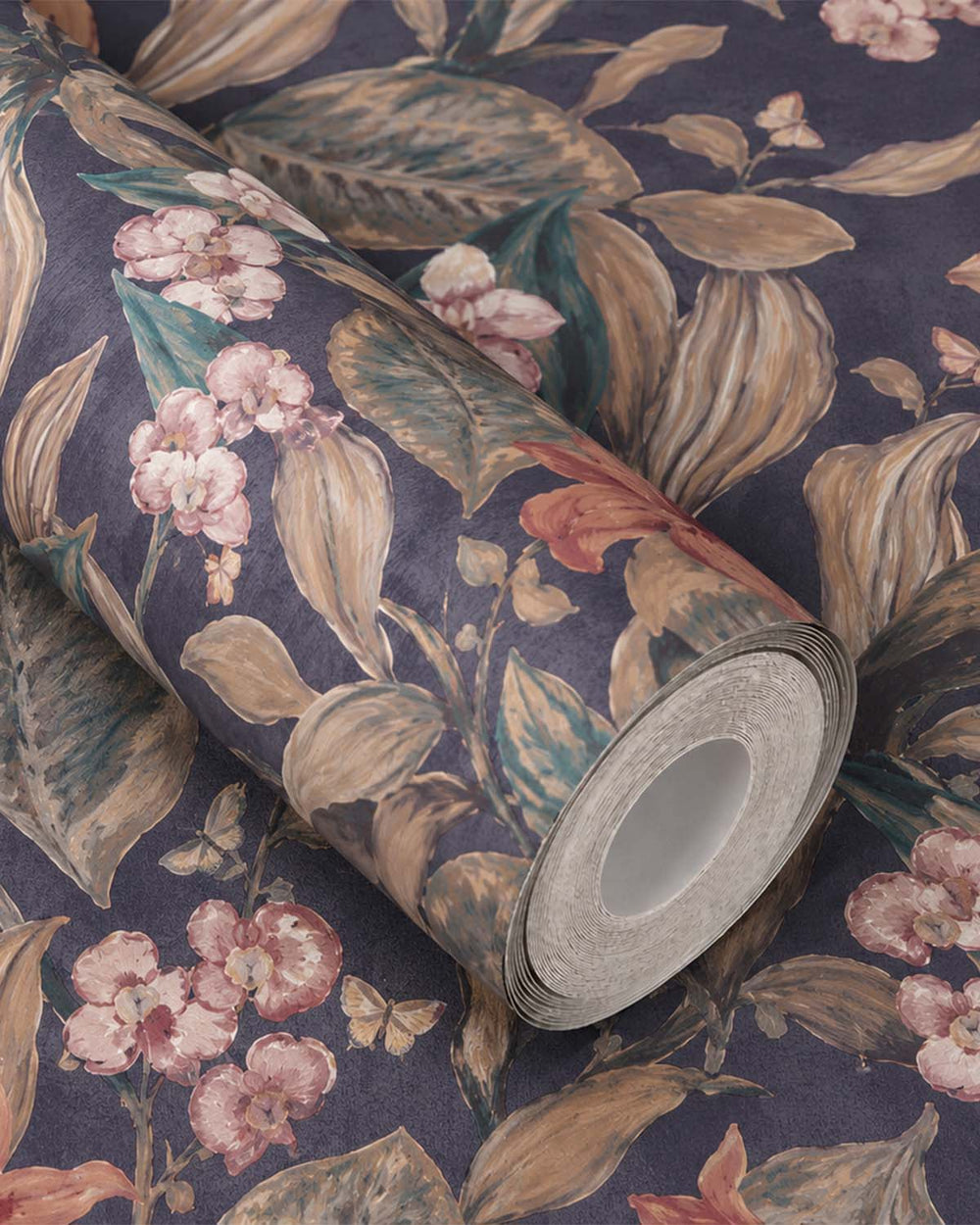 Dark Blue Hand Painted Orchids Floral Wallpaper R8143