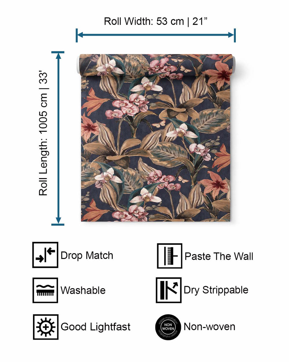 Dark Blue Hand Painted Orchids Floral Wallpaper R8143