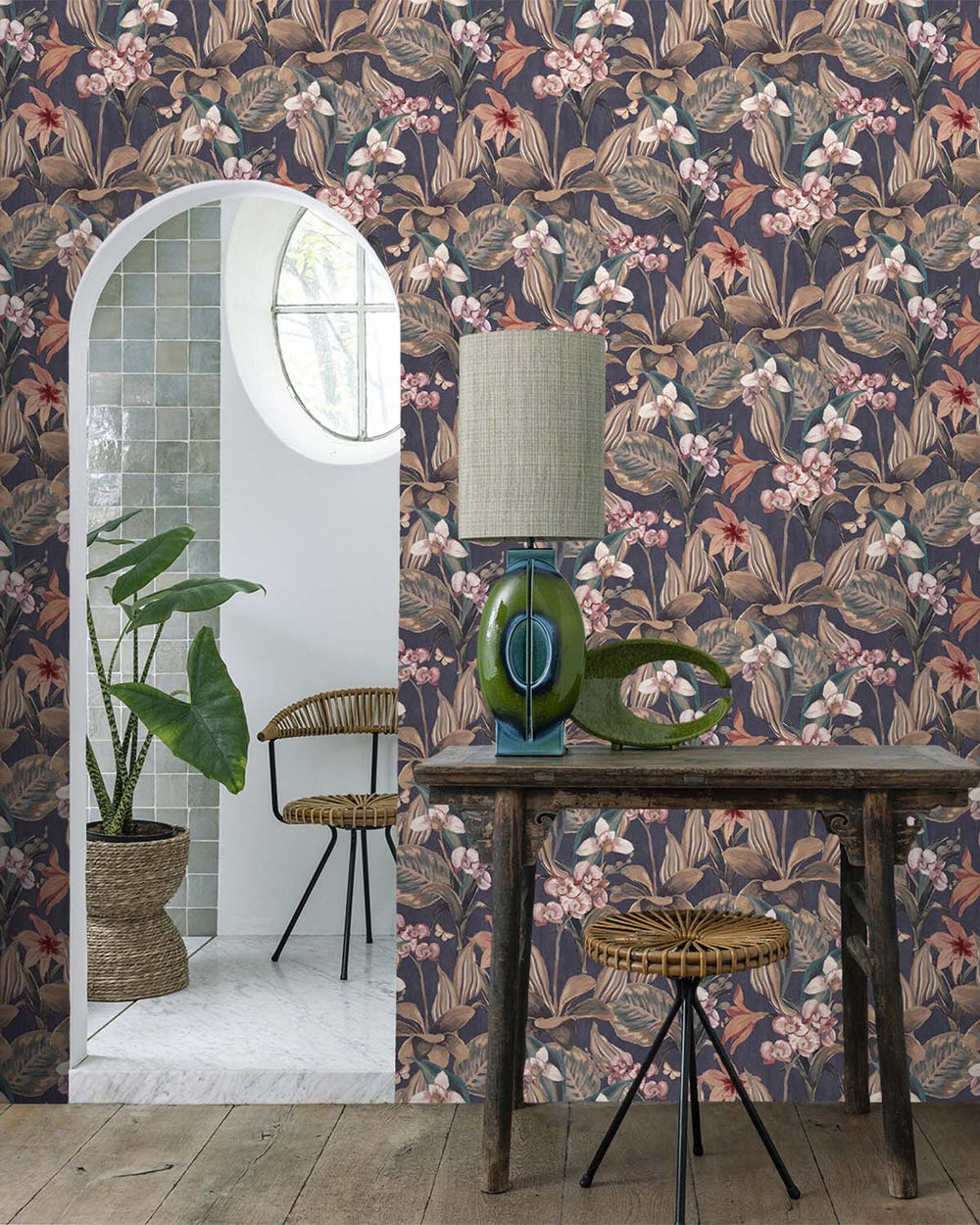 Dark Blue Hand Painted Orchids Floral Wallpaper R8143