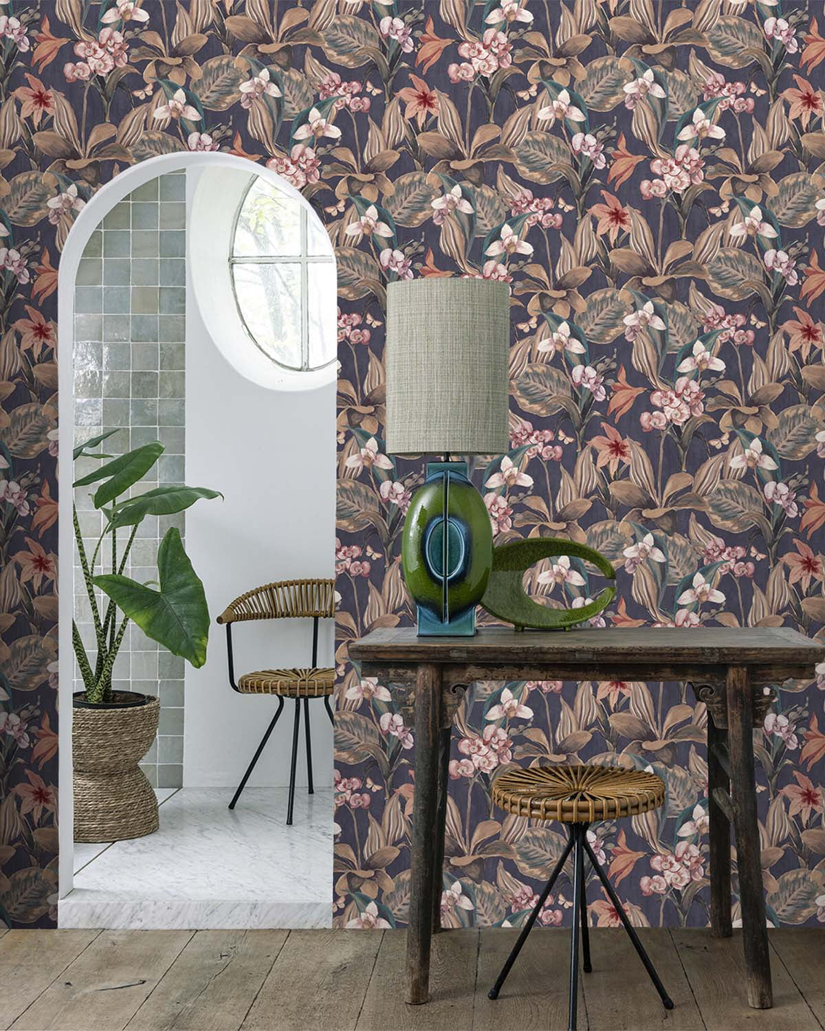 Dark Blue Hand Painted Orchids Floral Wallpaper R8143