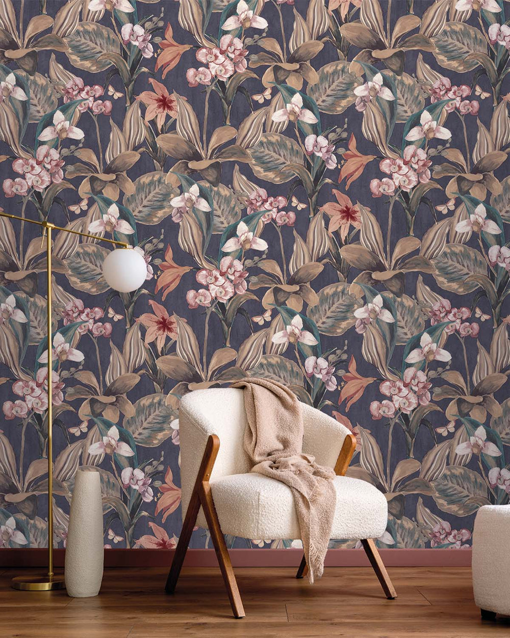 Dark Blue Hand Painted Orchids Floral Wallpaper R8143