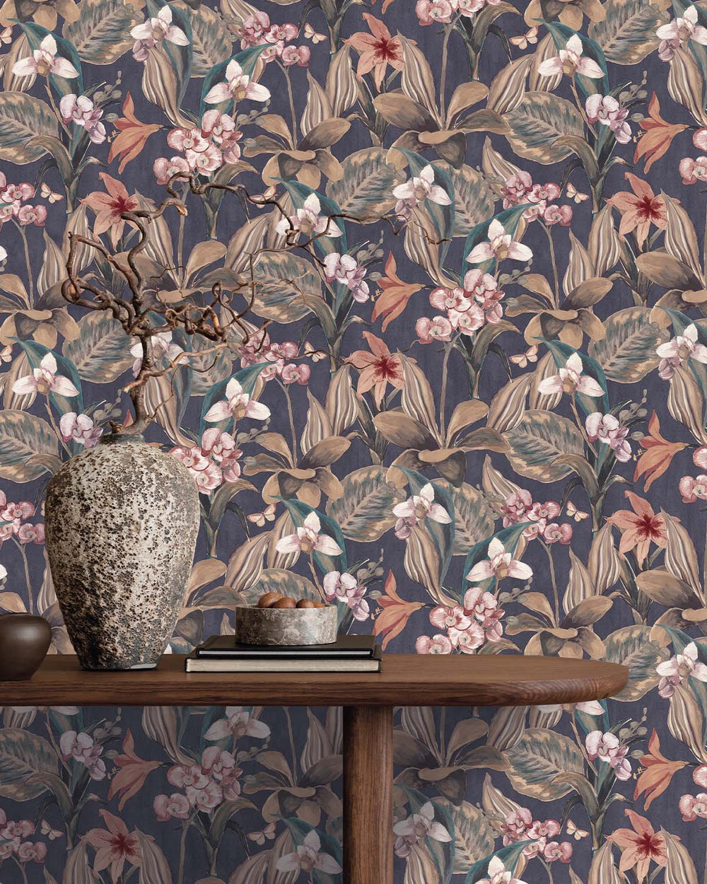 Dark Blue Hand Painted Orchids Floral Wallpaper R8143