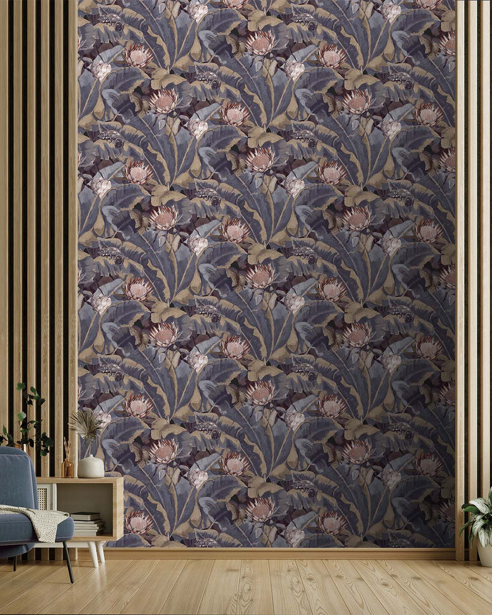 Dark Blue & Beige Wildlife Tropical Wallpaper R8144