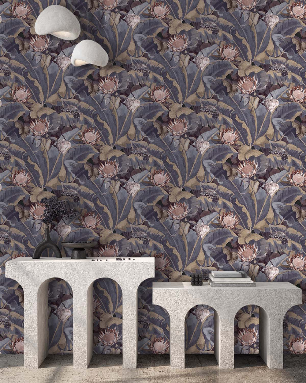 Dark Blue & Beige Wildlife Tropical Wallpaper R8144