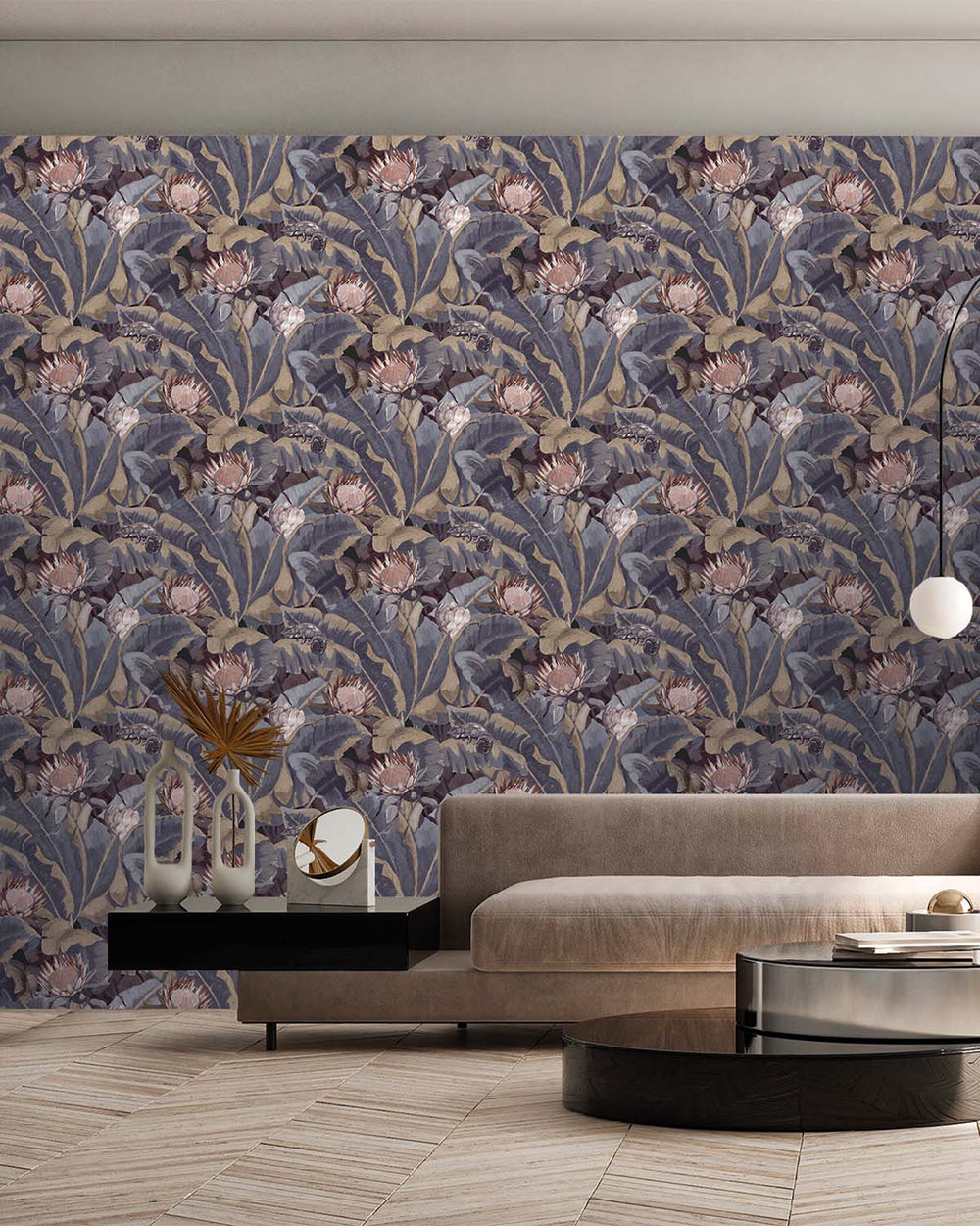 Dark Blue & Beige Wildlife Tropical Wallpaper R8144