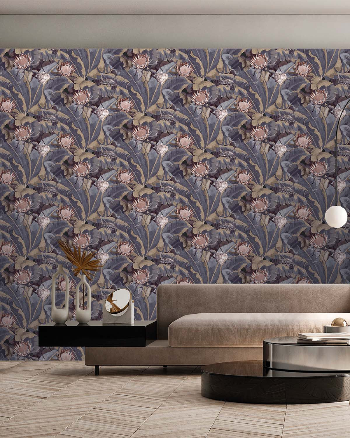 Dark Blue & Beige Wildlife Tropical Wallpaper R8144