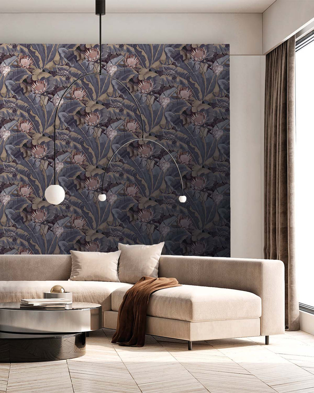 Dark Blue & Beige Wildlife Tropical Wallpaper R8144