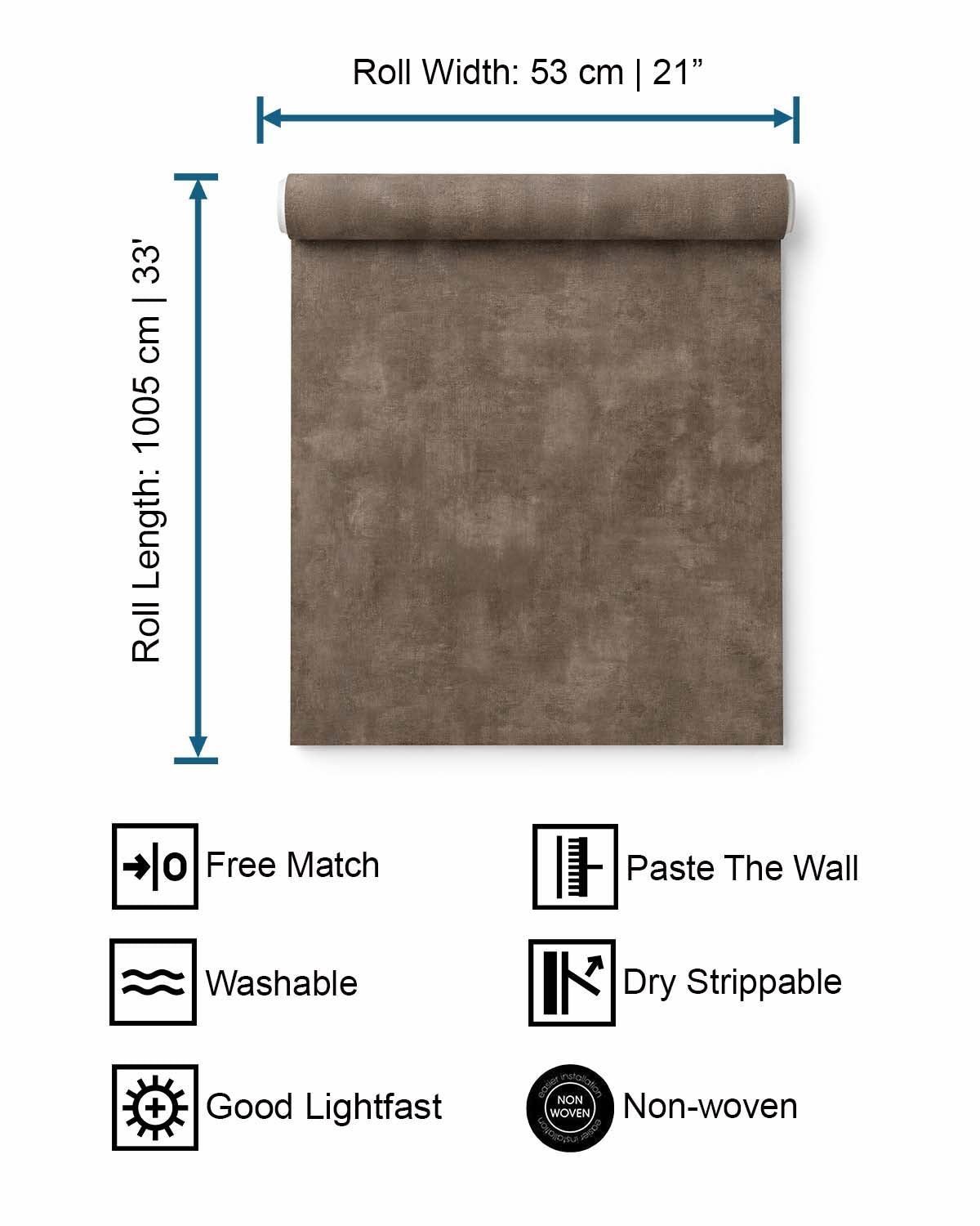 Brown wallpaper roll with dimensions and features on a white background