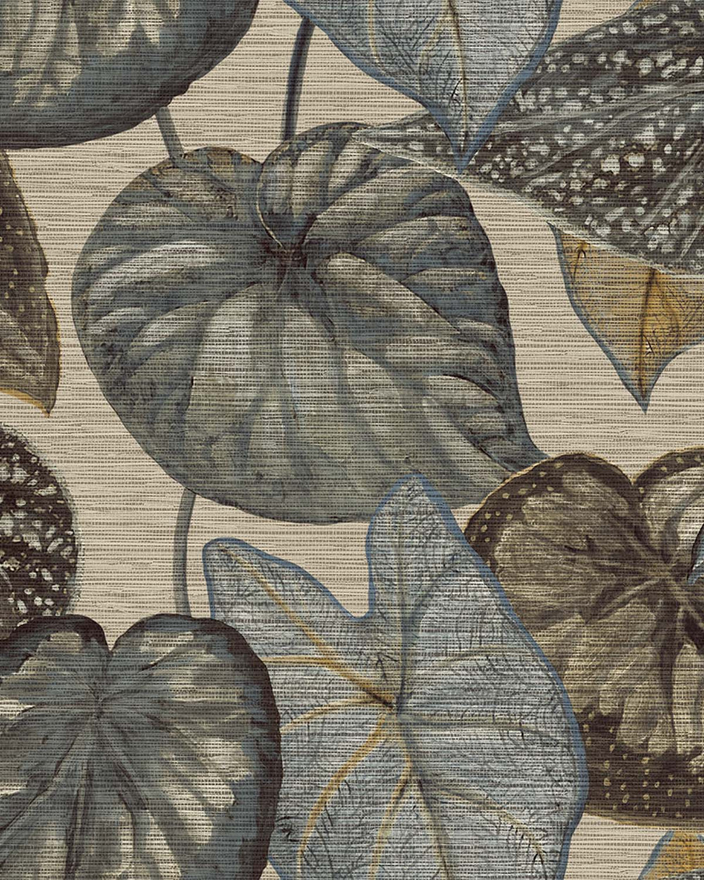 Grey & Blue Bold Tropical Leaves R8234