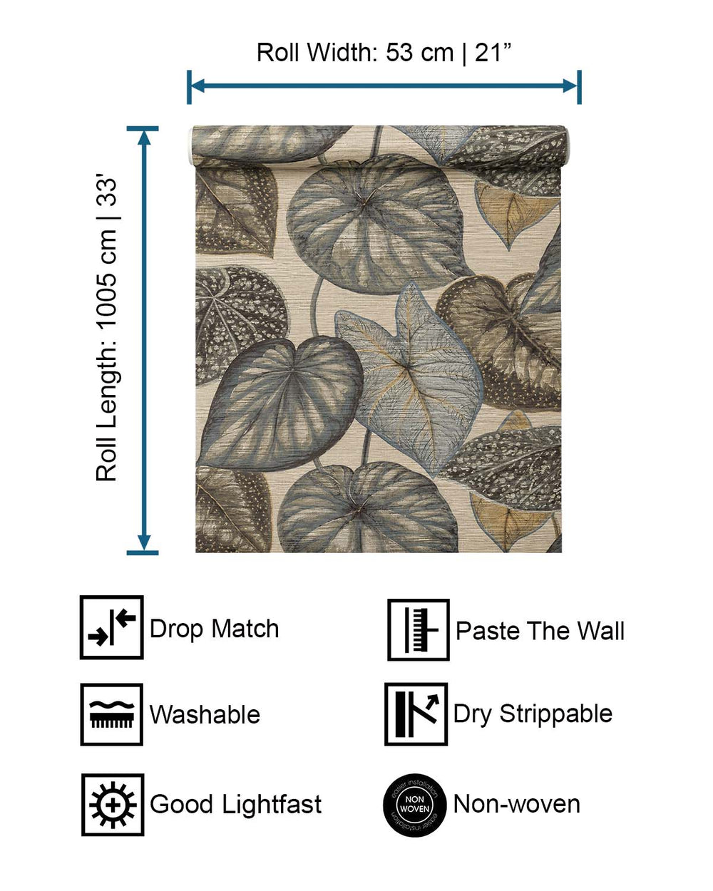 Grey & Blue Bold Tropical Leaves R8234
