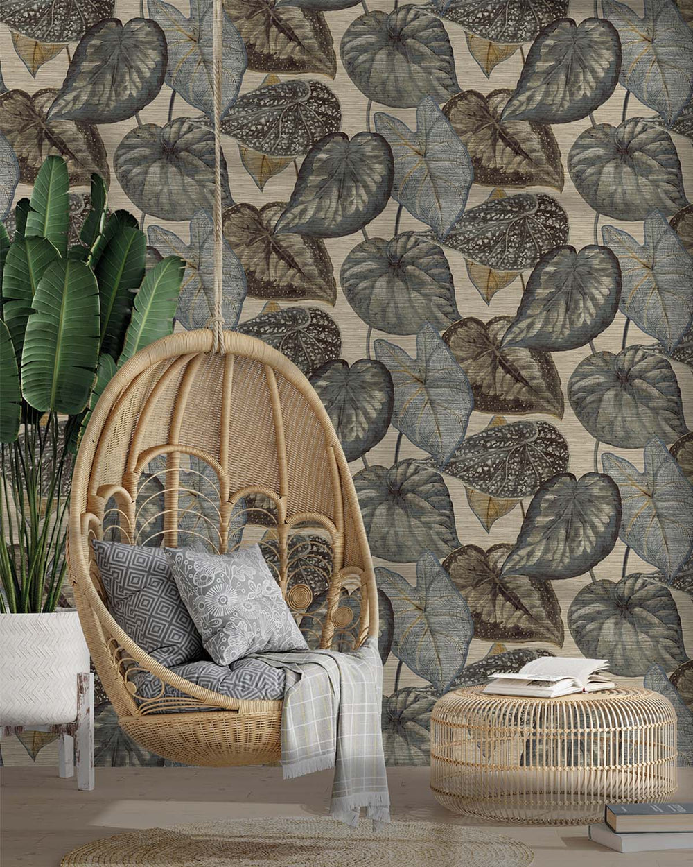 Grey & Blue Bold Tropical Leaves R8234
