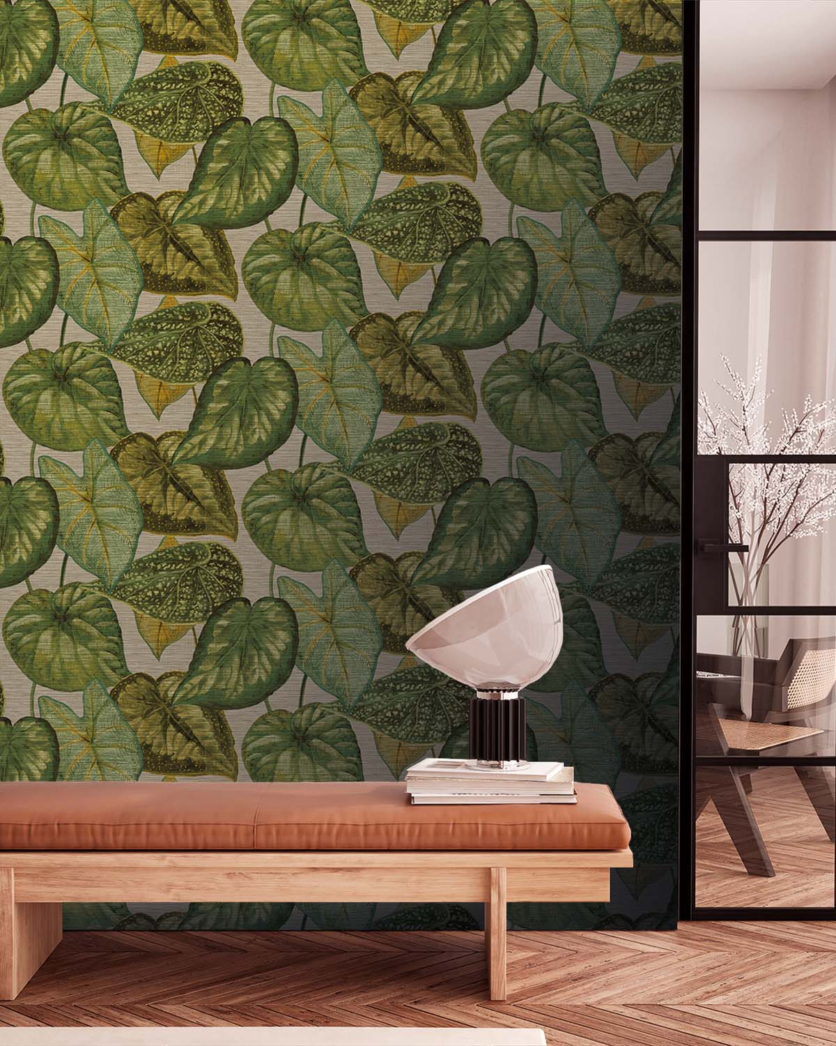 Beige & Green Bold Tropical Leaves R8235
