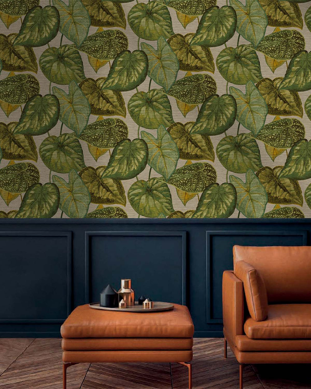 Beige & Green Bold Tropical Leaves R8235