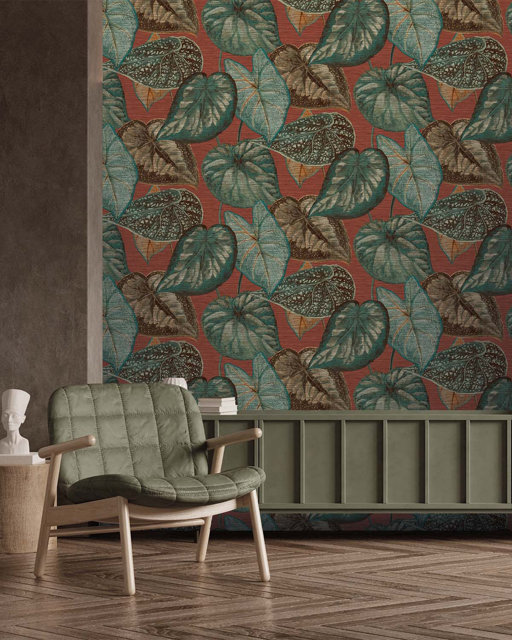 Rust & Green Bold Tropical Leaves R8236