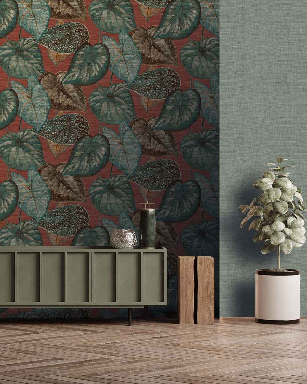 Rust & Green Bold Tropical Leaves R8236
