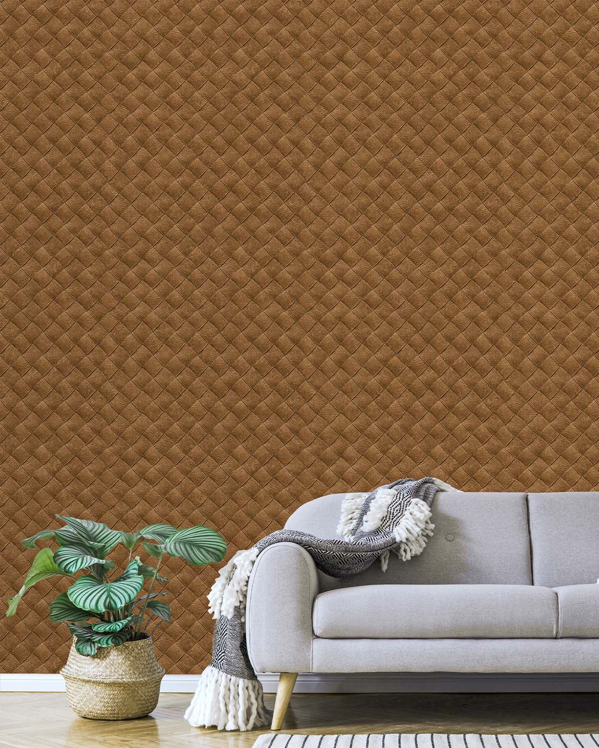 Cognac Leather Patchwork Geometric Wallpaper R8246