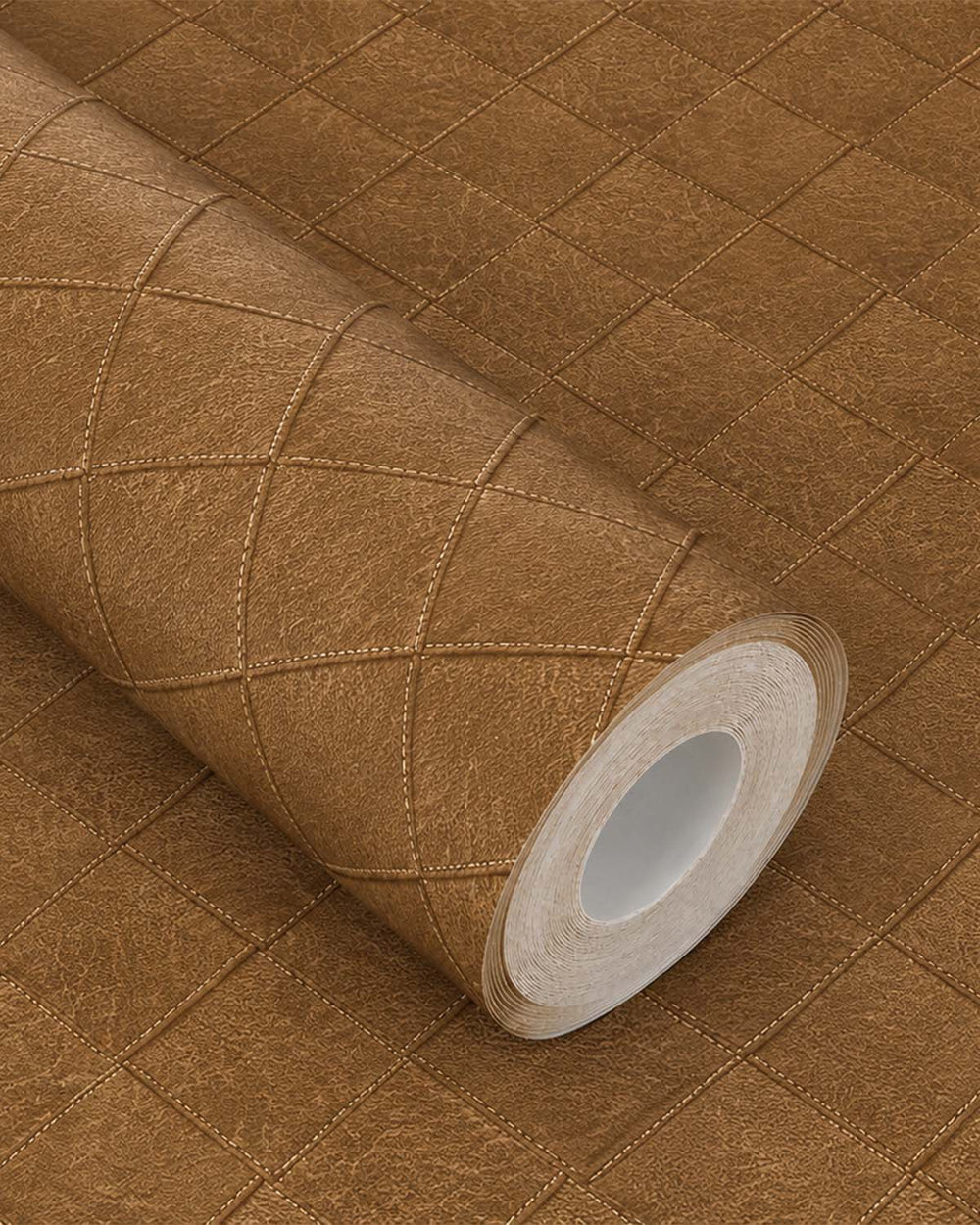 Cognac Leather Patchwork Geometric Wallpaper R8246