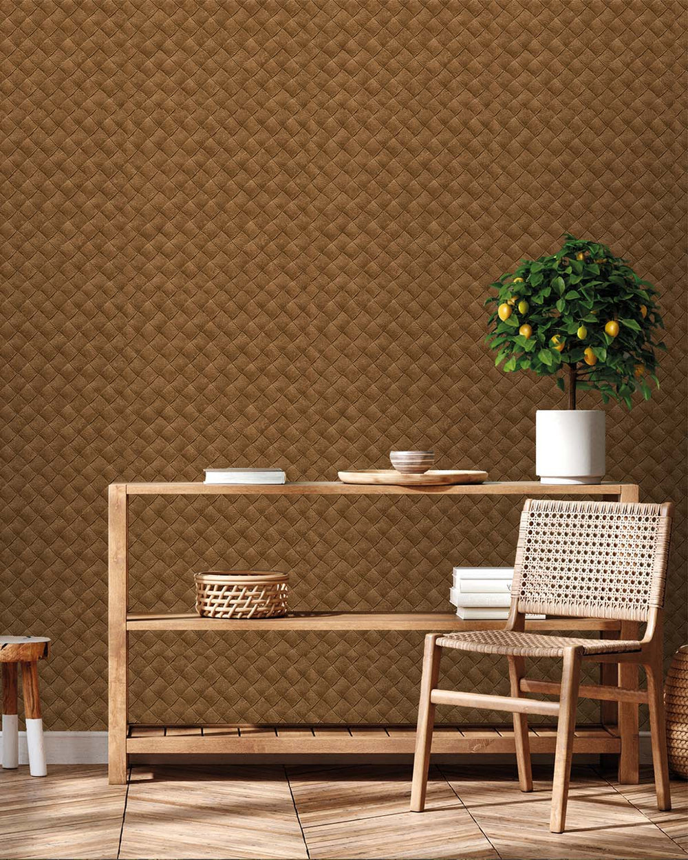 Cognac Leather Patchwork Geometric Wallpaper R8246