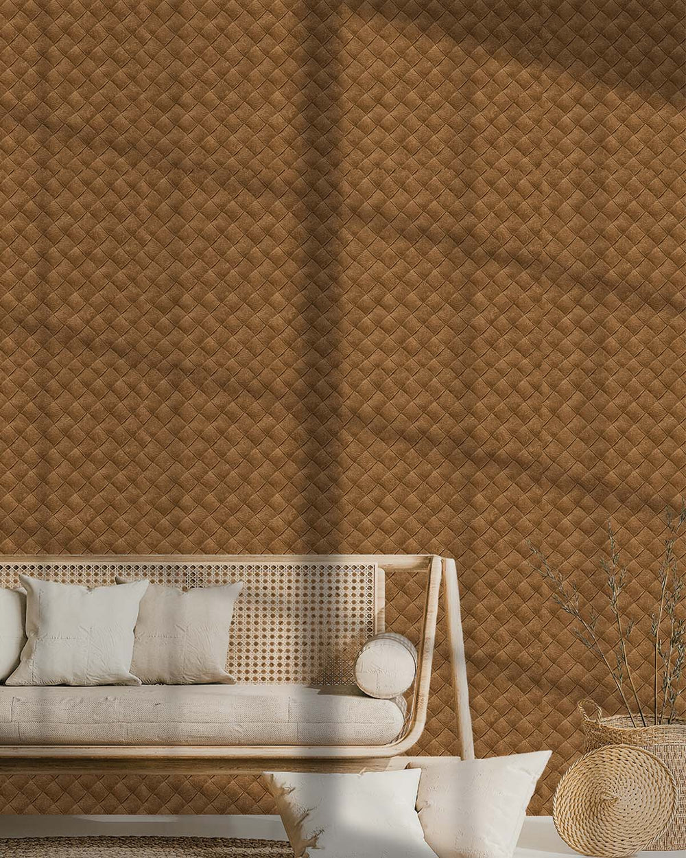 Cognac Leather Patchwork Geometric Wallpaper R8246