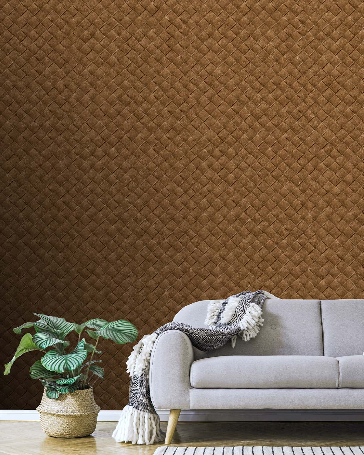 Cognac Leather Patchwork Geometric Wallpaper R8246
